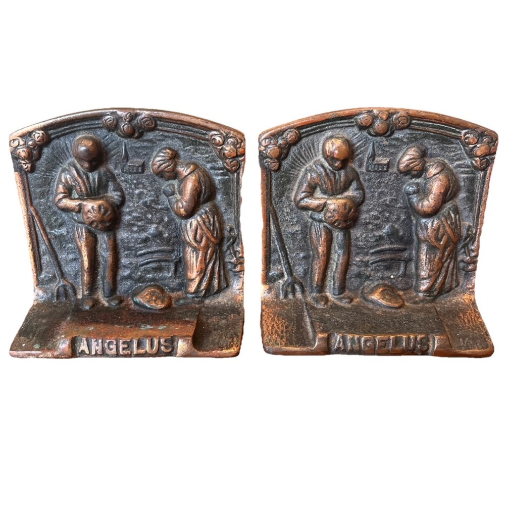 Vintage Cast Iron Bookends "The Angelus" by Jean-Francois Millet, Pair